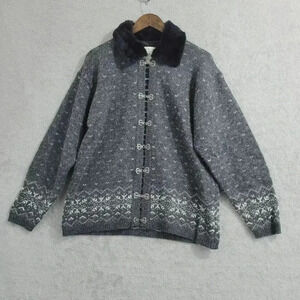 Vintage Mac & Jac Womens Wool Cardigan Jacket With Fur Collar L